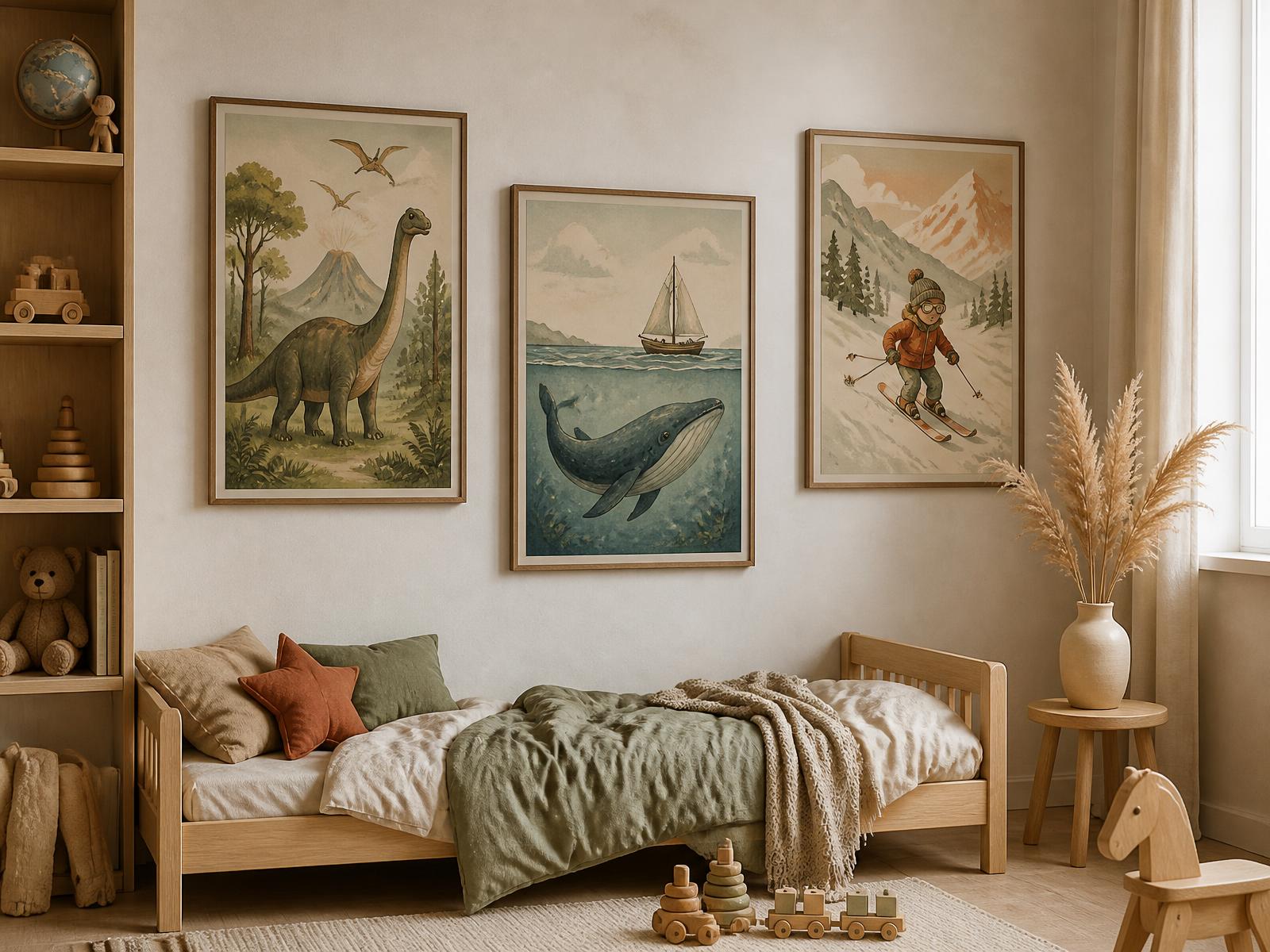 Three personalised children's art prints framed in oak above a child's bed in a Scandinavian room